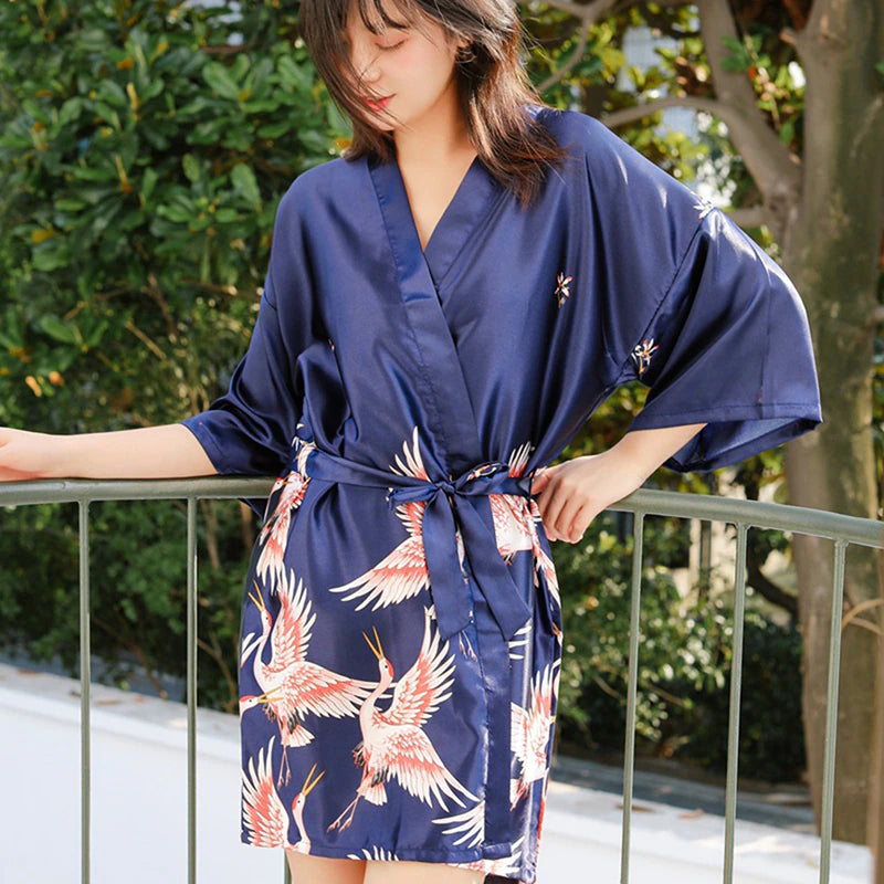 Royal Blue Silky Satin Kimono Robe